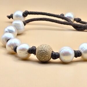 White Freshwater‎ Pearl Adjustable Cord Bracelet Gold Stardust Bead 8mm Knotted